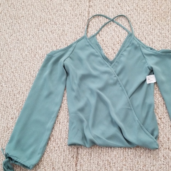 Naked Zebra Tops - Surplice Cold Shoulder Green blouse